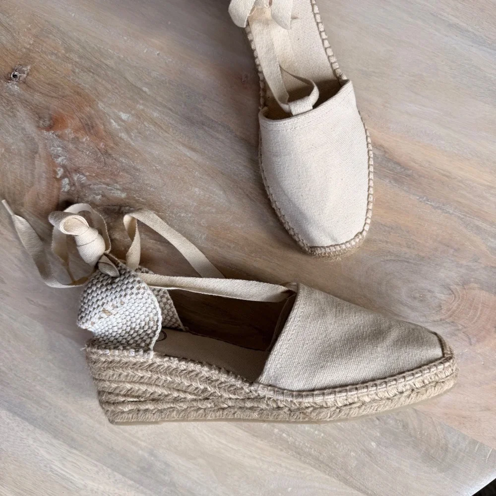 Toni Pons Valencia Espadrille Wedge Womens Cream Canvas Ankle Tie Spain Sandals